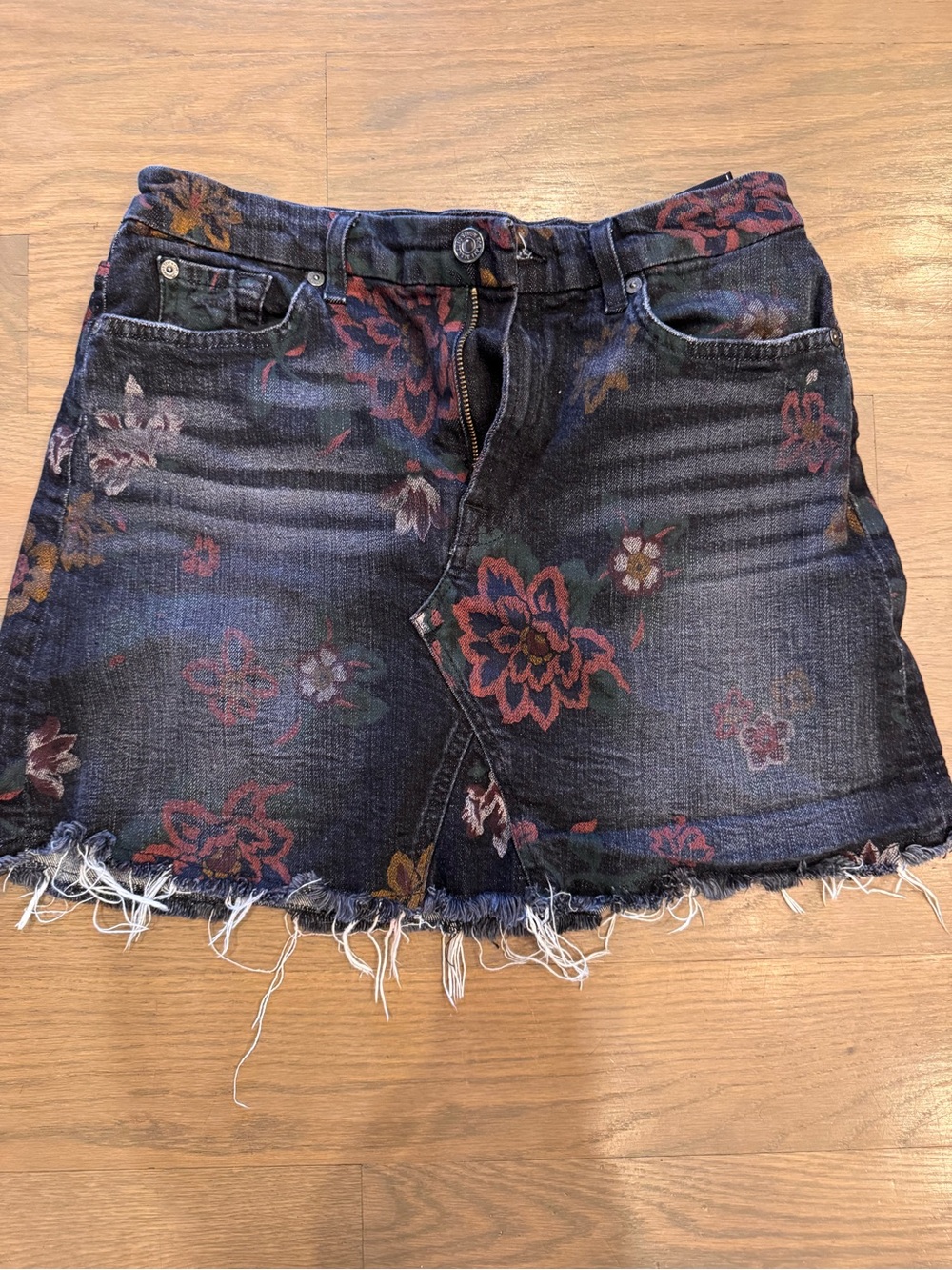 7 For All Mankind Floral Print Dark Wash Denim Mini Skirt